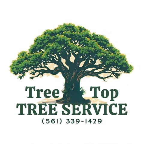 TreeTop Tree Service logo featuring a large spreading tree with green canopy and dark trunk, with company name and phone number 561-339-1429